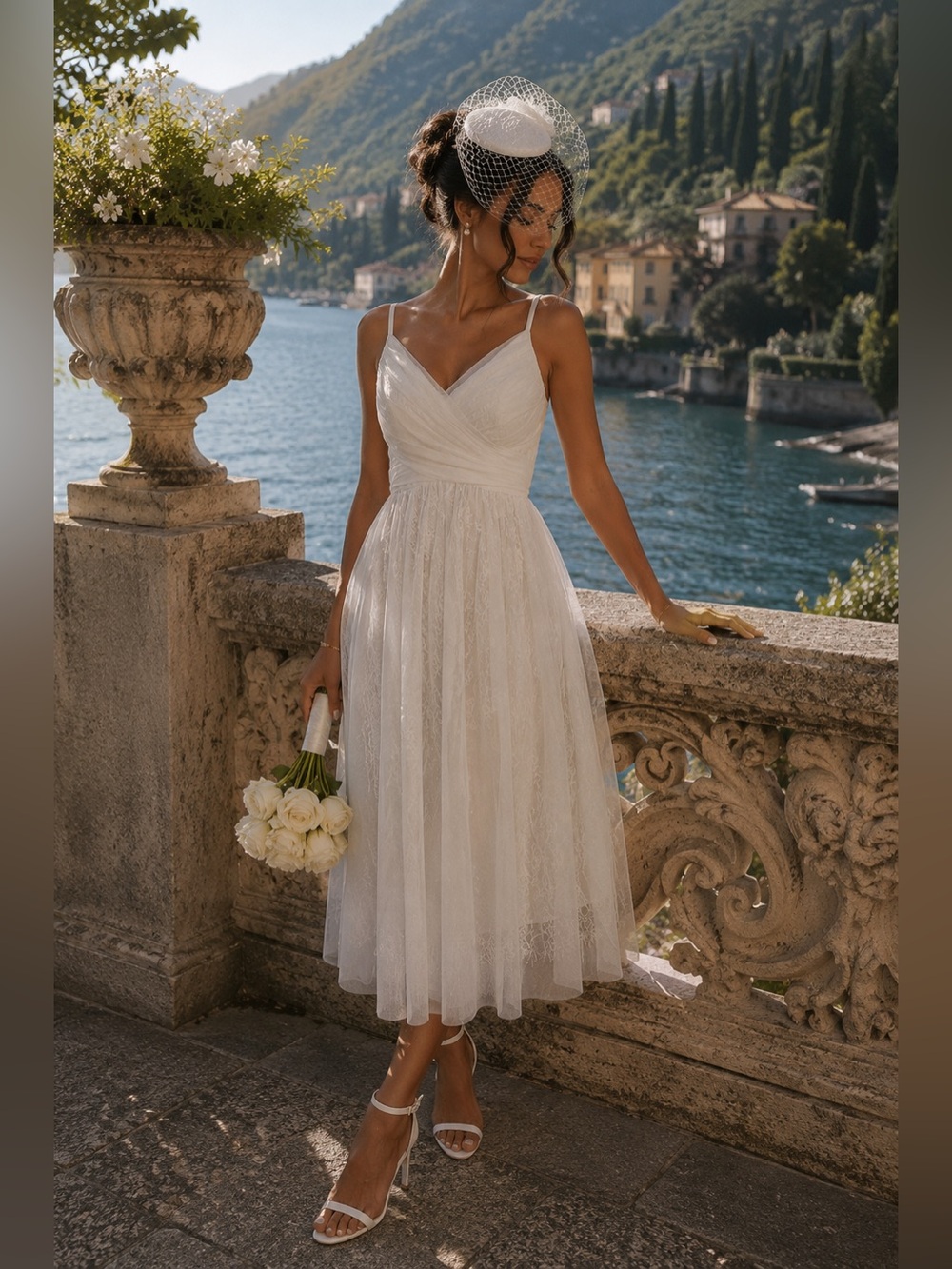 White Lace Tulle Midi Dress Ruched Wrap Bodice Bridal Cocktail size 0